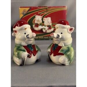 Vintage Anthropomorphic Pig Salt & Pepper Shaker Retro Set Christmas W Box 3.5"
